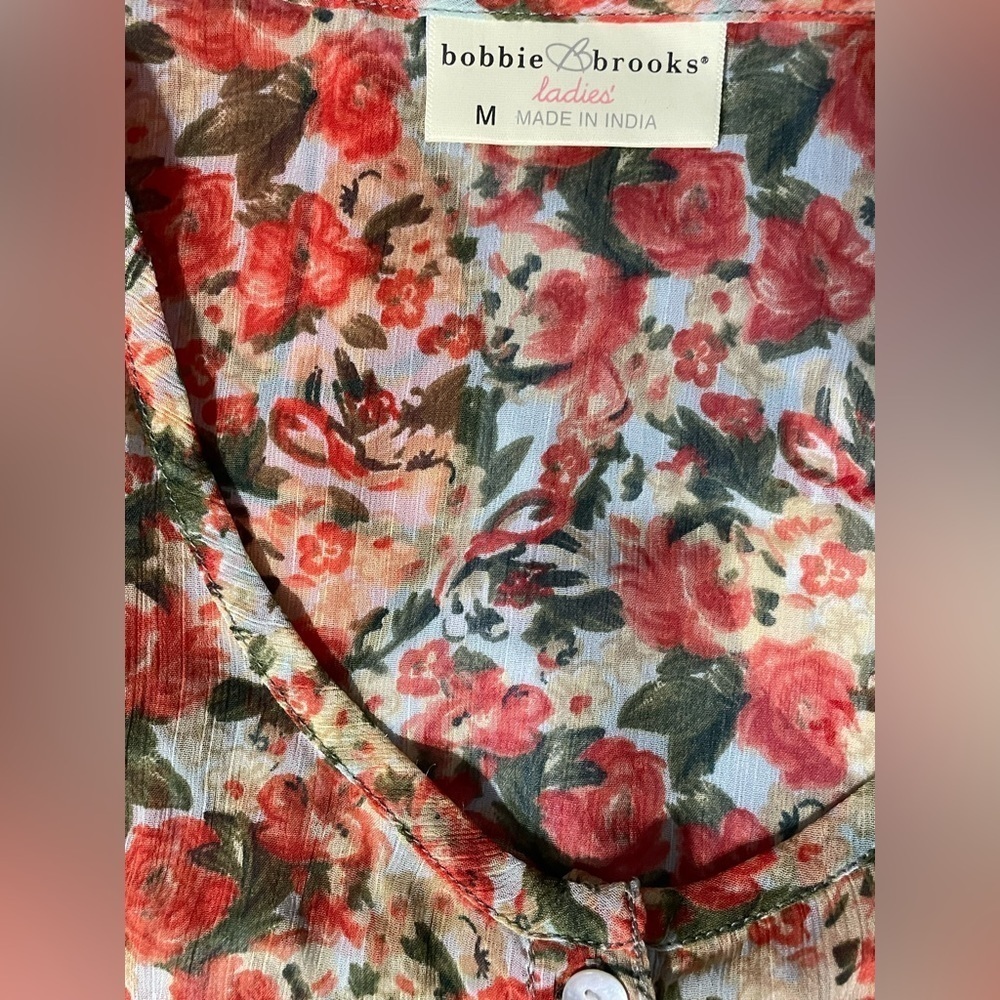 Bobbie Brooks Shirt, Women's size M Green Tan Orange, Floral - Picture 5 of 6